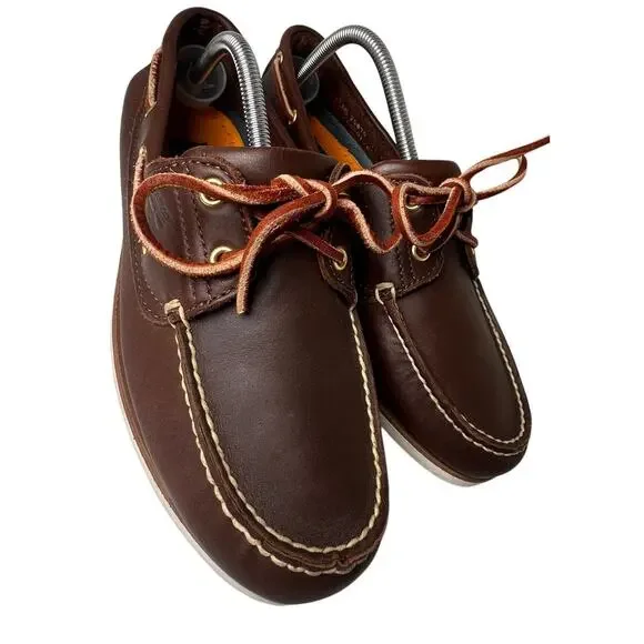 Vtg Timberland Brown Leather White Sole 2 Eye Boat Shoes 74035 Preppy Men Sz 9.5 - Picture 2 of 16